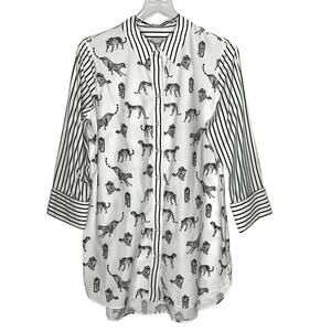 Chicos M No Iron Button Down Extra Long Cheetah Tunic Black White Animal